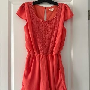 Coral Lace-Front Short Sleeve Romper